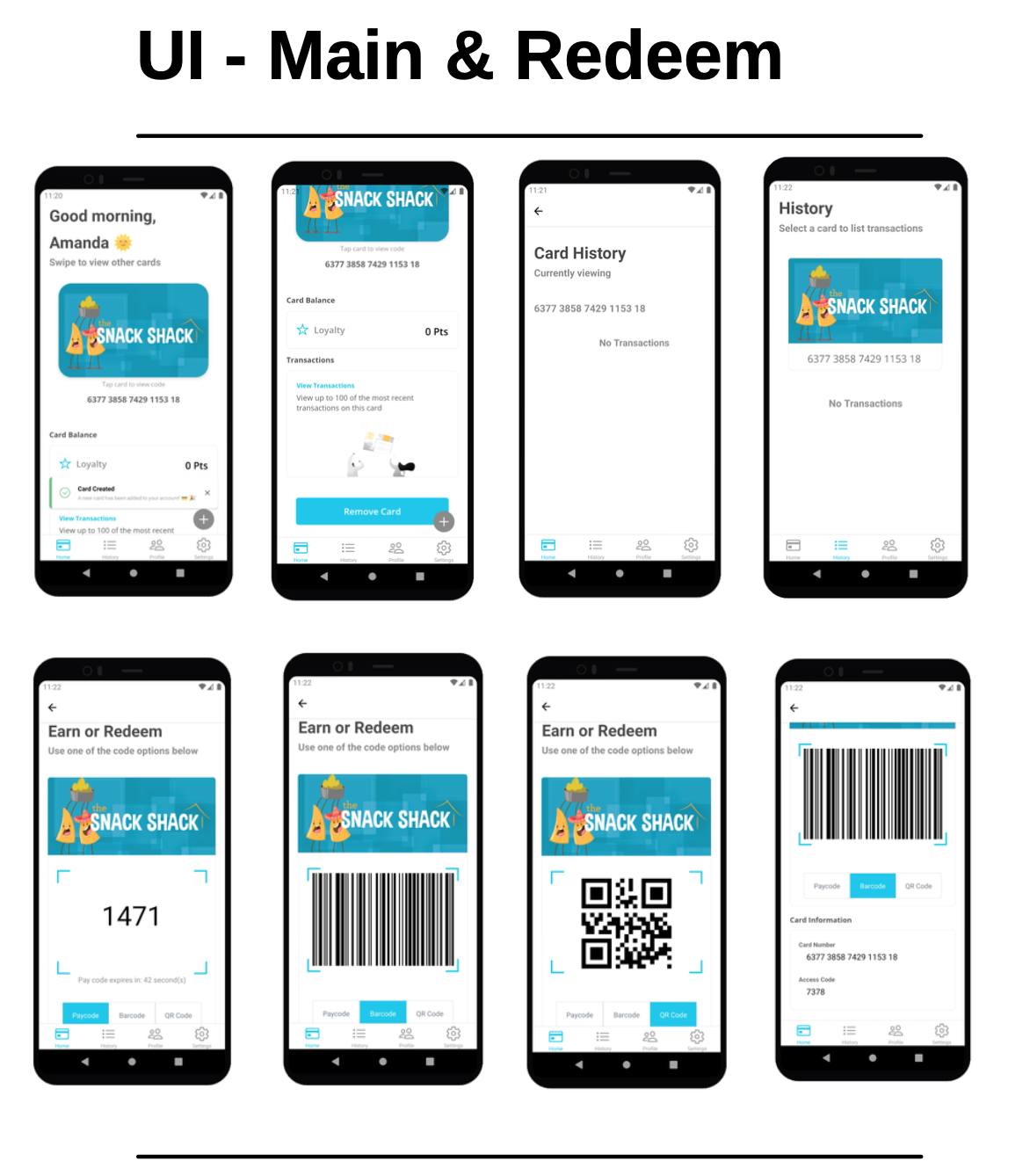 Ackroo mobile app UI screens for main and redeem flows