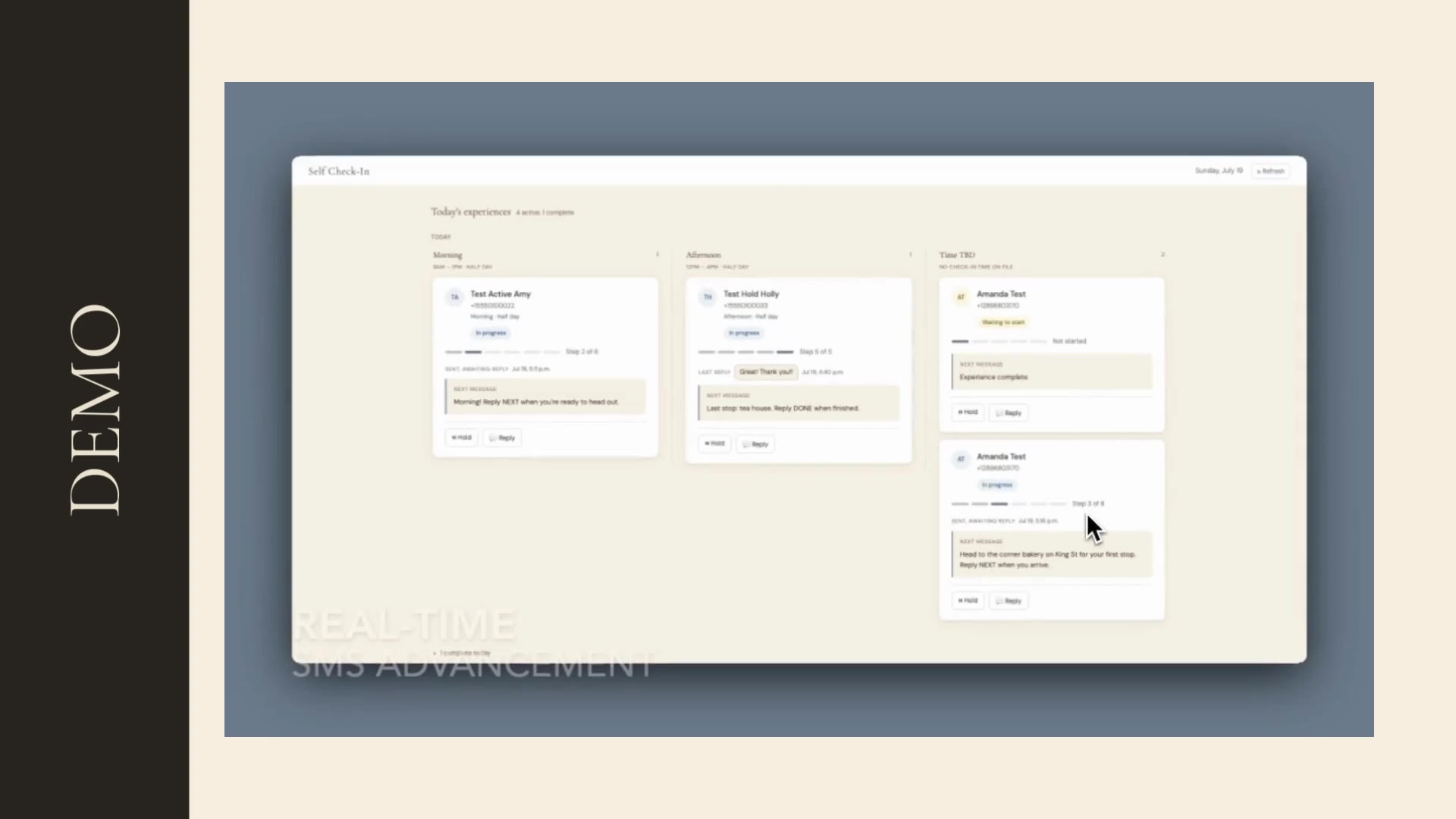 Self Check-In dispatch dashboard showing real-time SMS advancement across active experiences