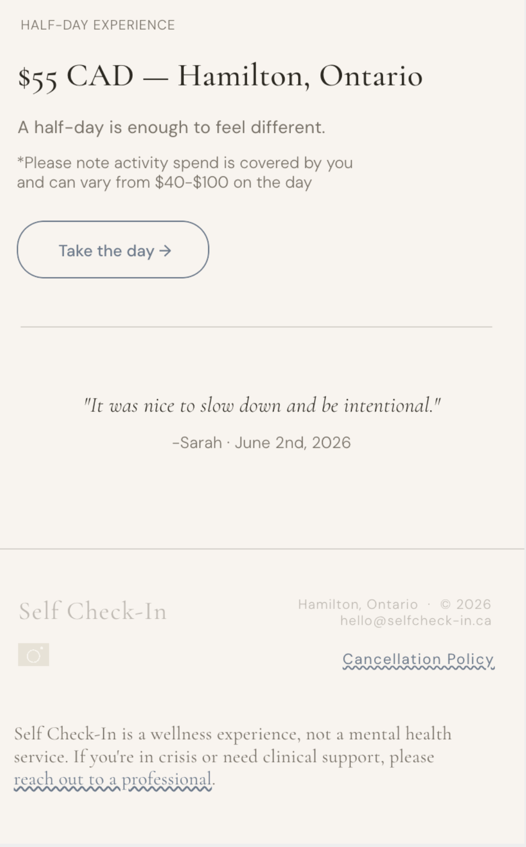 Closing footer section with the 'A half-day is enough to feel different' CTA and the full disclaimer text