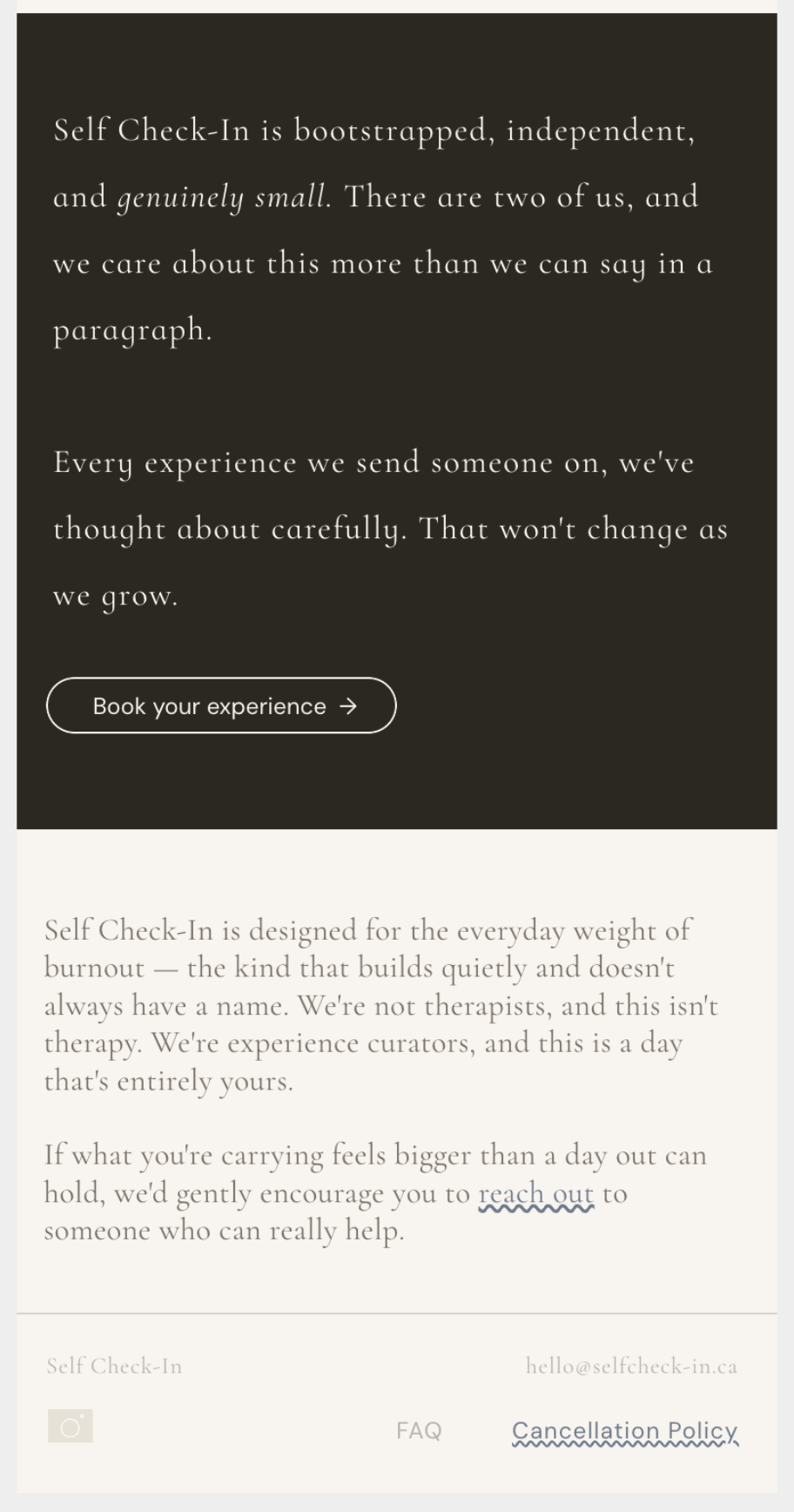 Dark section reading 'Self Check-In is bootstrapped, independent, and genuinely small'