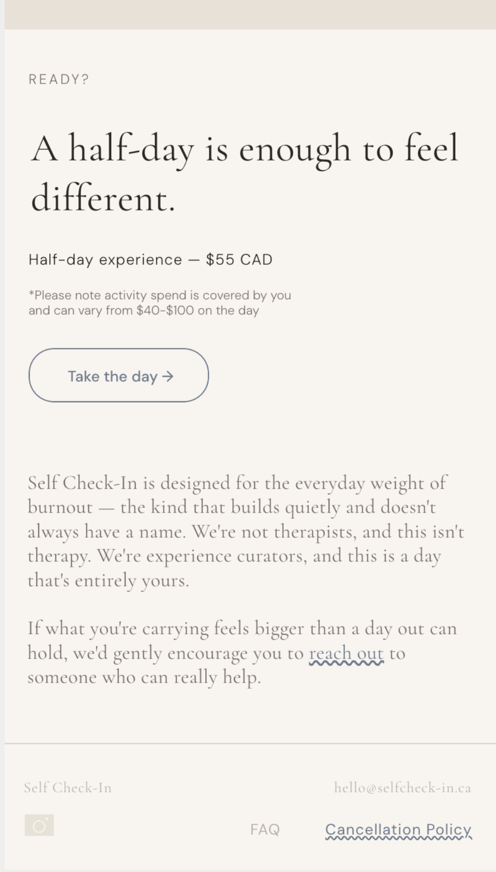 Self Check-In pricing page showing the half-day experience price, a customer testimonial, and the footer disclaimer